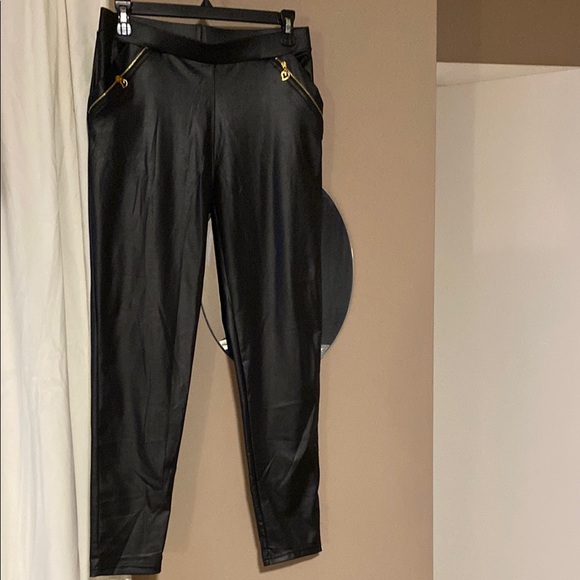 Chic Black Faux Leather Pants with Gold Zippers - Picture 1 of 1